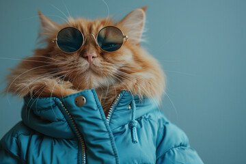 Orange cat wearing blue clothes and sunglasses on blue background