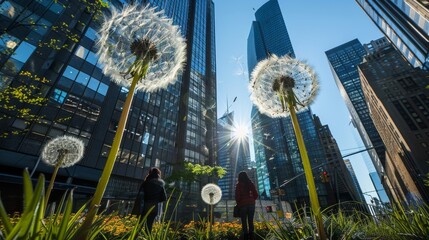 Amidst the bustling city, a group of individuals stands in awe of the towering skyscrapers, their faces illuminated by the vibrant colors of a lone flower in the foreground