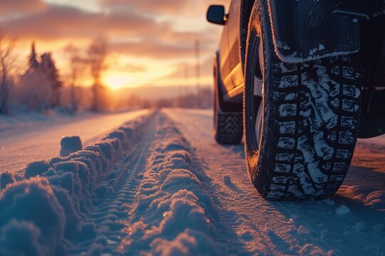 Amidst the snowy landscape, a lone car braves the treacherous road, its tires gripping the frozen ground as the colorful sky shifts from sunrise to sunset
