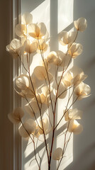 Flowers in muted, earthy tones, creating a feeling of calm and elegance and minimalism. Beige background.