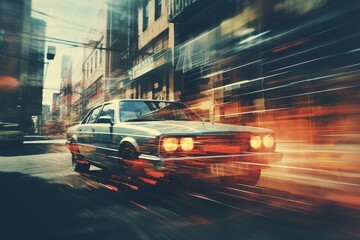 Blurred motion of cars speeding through a dynamic, rain-slicked cityscape