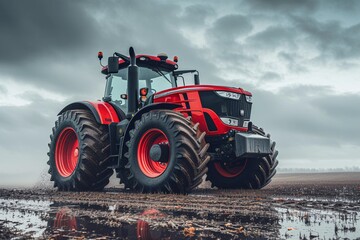 Fototapeta premium A bold red tractor plows through the muddy field under the vast sky, its powerful tires churning up the ground as it transports essential agricultural machinery to the hardworking farm