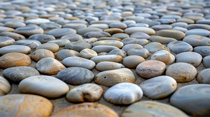 A collection of smooth pebbles scattered across the rugged ground, reminiscent of a tranquil beach on a sunny day