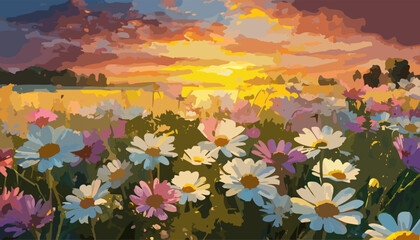Fototapeta na wymiar Landscape with flowers in the sunset