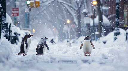 A family of adelie penguins braves the freezing winter snow, their flightless wings standing tall as they trek through the icy terrain
