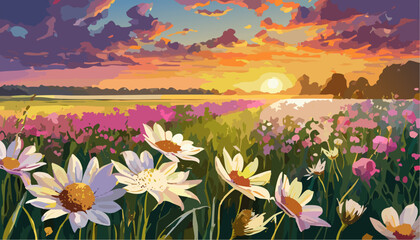 Landscape with flowers in the sunset