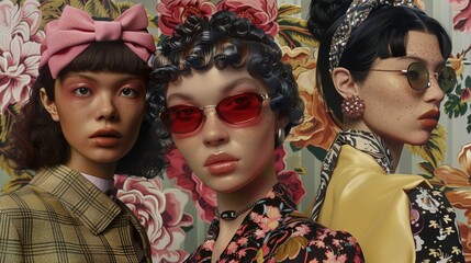 Obraz premium A stylish group of women, adorned with fashionable accessories and clothing, pose for a picture in the outdoors, exuding confidence and beauty with their flower accents and sunglasses