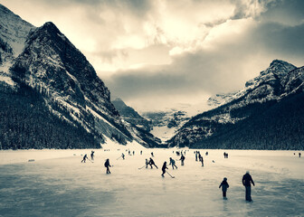 Ice Hockey on Lake Louise in the Winter