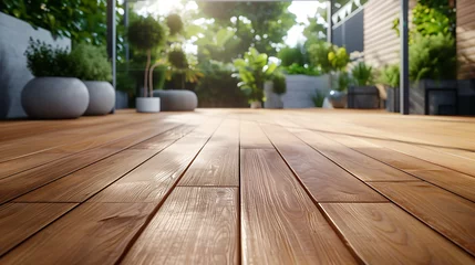 Zelfklevend Fotobehang a modern terrace on wooden wood flooring, in the style of naturalistic cityscapes, photo-realistic landscapes © thisisforyou