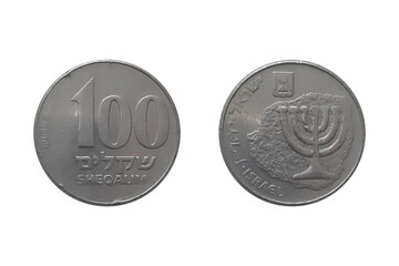 100 Sheqalim 1985 year. Coin of Izrael. Obverse
Replica of a coin issued by Mattathias Antigonus with the seven-branched candelabrum. Reverse Value and year
