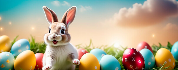 Banner with smiling Happy Easter bunny. Easter eggs on green grass and flower on background of blue sky