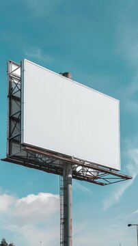 Blank white billboard mockup against a blue sky backdrop