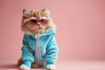 Orange cat wearing blue clothes and sunglasses on pink background