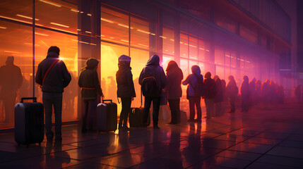 a very long line of people waiting for a flight - obrazy, fototapety, plakaty