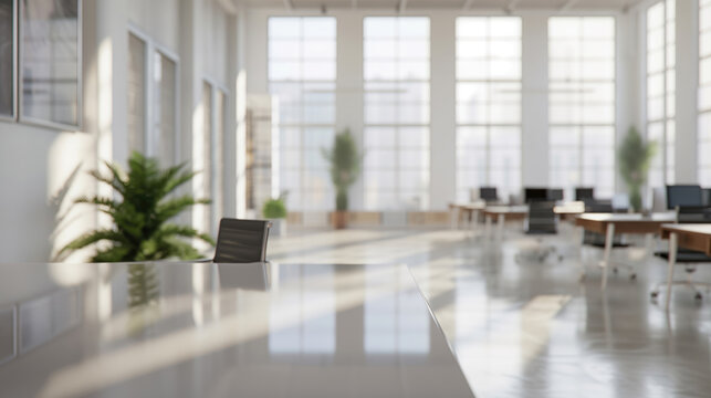 Bright corporate office with tall windows, modern desks, and lush indoor plants in a blurred background.