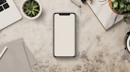 Blank smartphone screen mockup on a desk