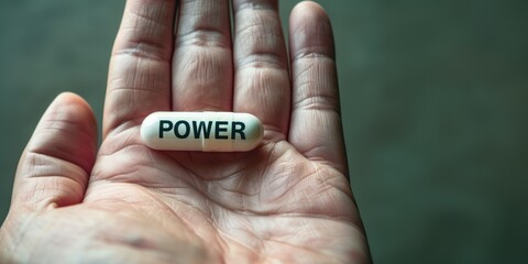 Generative AI, person is holding on the hand white pill with word Power, nutrition and healthcare concept