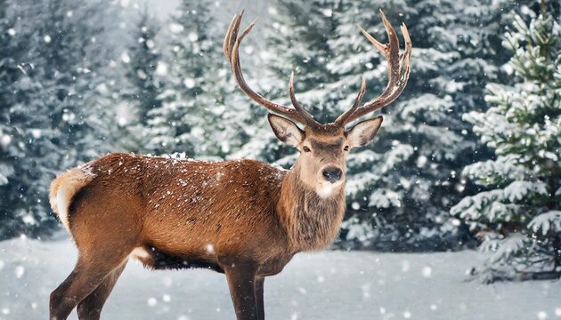 red deer in the snowy forest winter christmas image