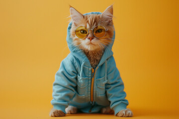 Orange cat wearing blue clothes and sunglasses on yellow background