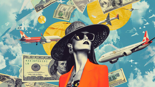 Fashionable woman in hat with money on the background of the world map. Abstract modern art collage. Portrait of fashionable young woman. Collage 80s and 90s style