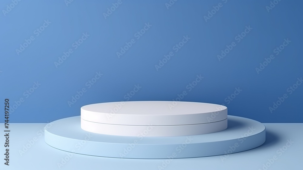 Poster abstract empty white podium on blue background. mock up stand for product presentation. 3d render. m