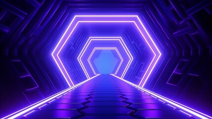 Abstract Futuristic Technology concept. Neon Hexagon Tunnel modern background. Fluorescent ultraviolet glowing light lines.