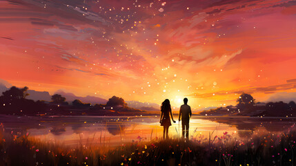 Fototapeta premium silhouetted young couple watching sunset in the field