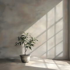 an empty room with a potted plant, and a concrete wall, in the style of luminous shadows, realistic landscapes with soft, tonal colors,