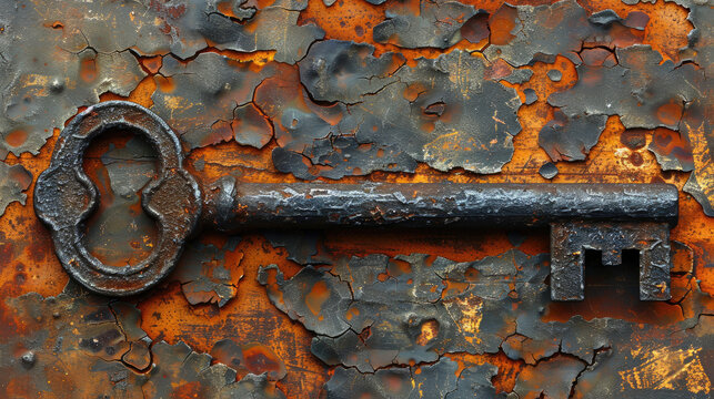 Ancient Secrets: Mysterious Key and Lock on Rusty Metal