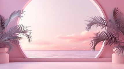 Fototapeta na wymiar Abstract pink color gradient studio background for product presentation. Empty room with shadows of window and flowers and palm leaves . 3d room with copy space. Summer concert. Blurred backdrop