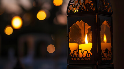 Arab lantern lit on a table with a defocused bokeh background