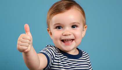 a toddler giving a thumbs up on blue background, banner concept