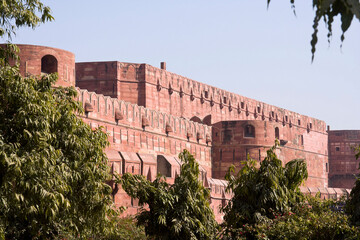 AGRA, UTTAR PRADESH / INDIA - FEBRUARY 9, 2012 : A huge pillar and the wall of the Agra fort.