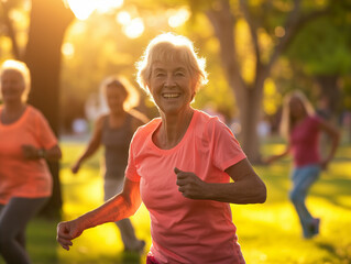 Elderly people engaging in exercise routines. Generative Ai.