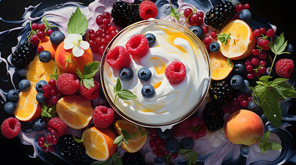 a top down view of yogurt and fruits