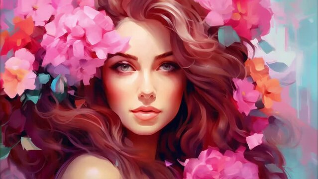 Beautiful Caucasian woman with red hair and flowers. Romantic lady. Oil painting style. Great for postcard, greeting for International Womens Day.