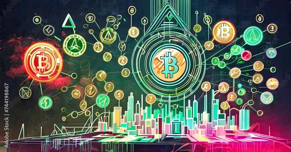 Poster a mesmerizing art display of bitcoins floating in a circle, illuminated by visual effect lighting on