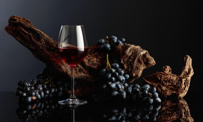 Glass of red wine with an old snag and blue grapes.