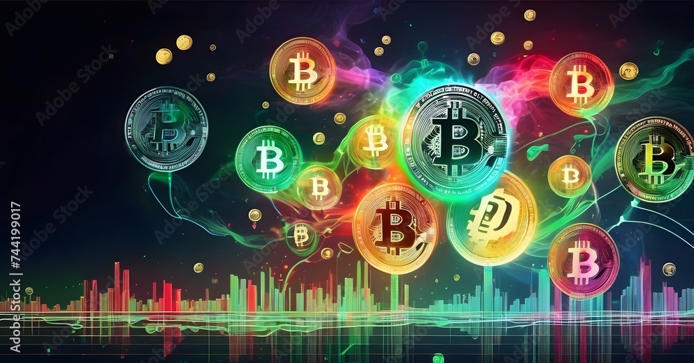 Poster a collection of bitcoins are displayed floating in the air on a vibrant background, creating an arti