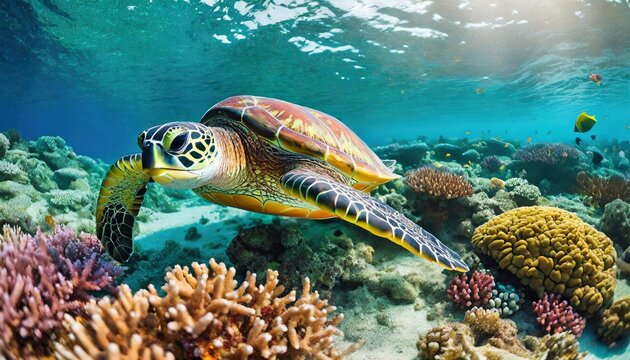 green sea turtle on coral reef with tropical fish 3d render green sea turtle swimming around colorful coral reef formations in the wild generated