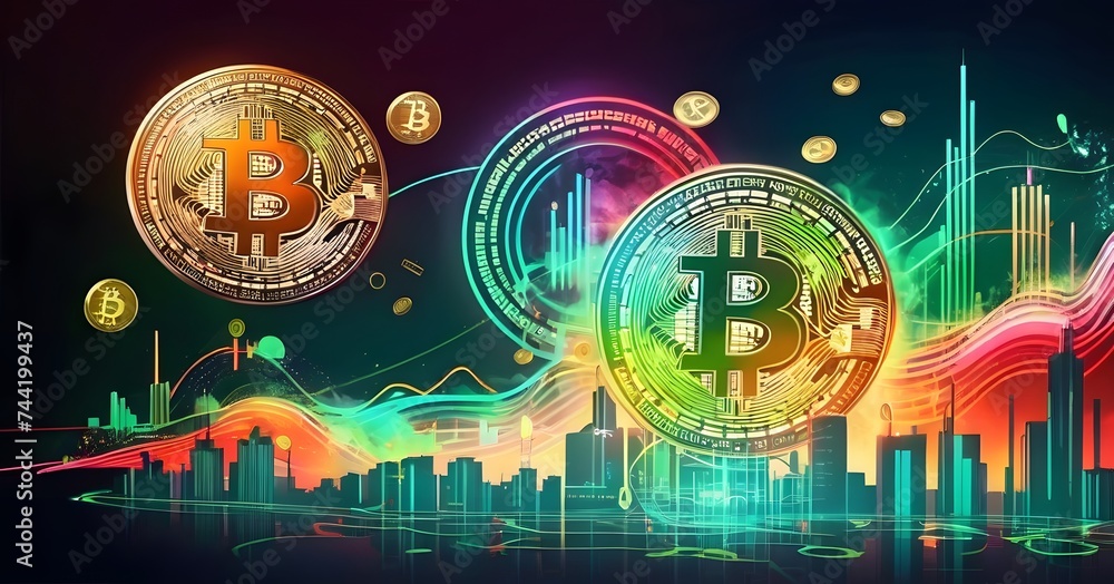 Fototapete A mesmerizing art display of bitcoins floating in a circle, illuminated by visual effect lighting on a dark background, creating a symmetrical and visually stunning logo for an entertainment event