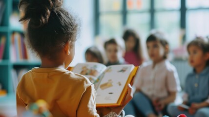 Child reading a book to classmates in school