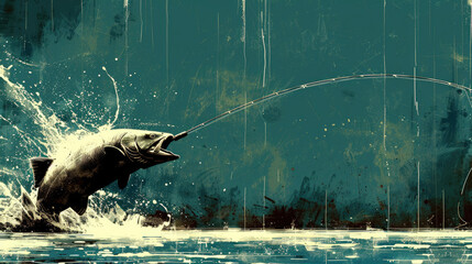 Catch of the Day: Fishing Rod and Leaping Fish on Ocean Blue - obrazy, fototapety, plakaty