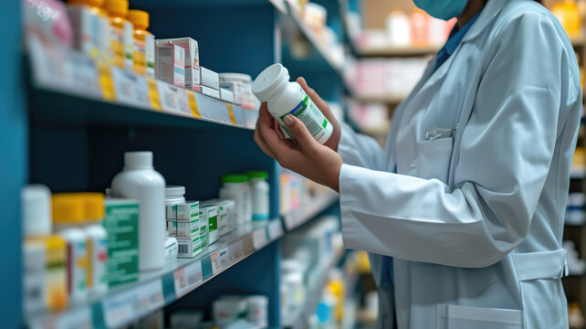 Pharmacist examining medication bottle in pharmacy