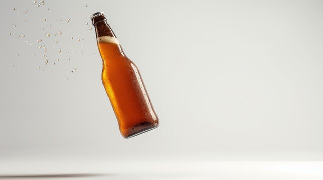 Amber glass beer bottle isolated on white background with water splash