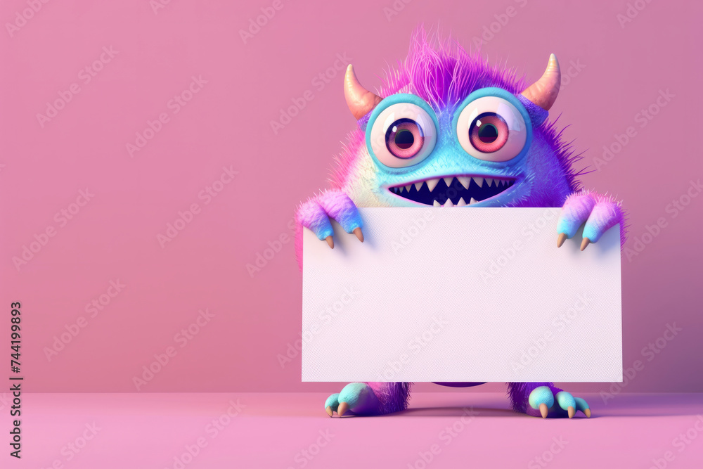 Poster cute 3d monster holding empty space for text! the blank sign offers the option to add your own text 