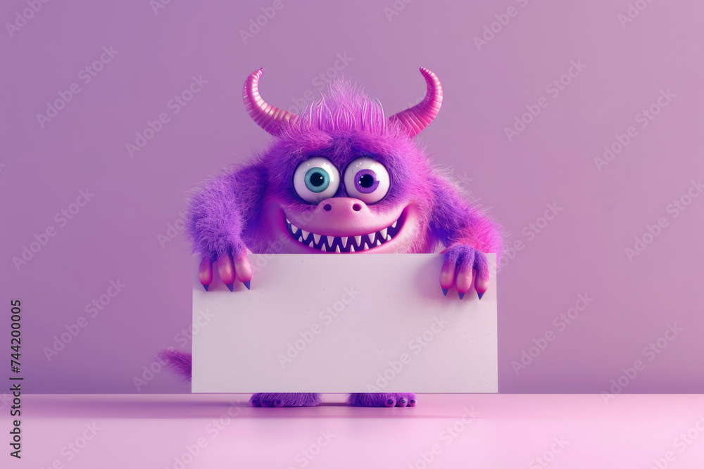 Poster cute 3d monster holding empty space for text! the blank sign offers the option to add your own text 