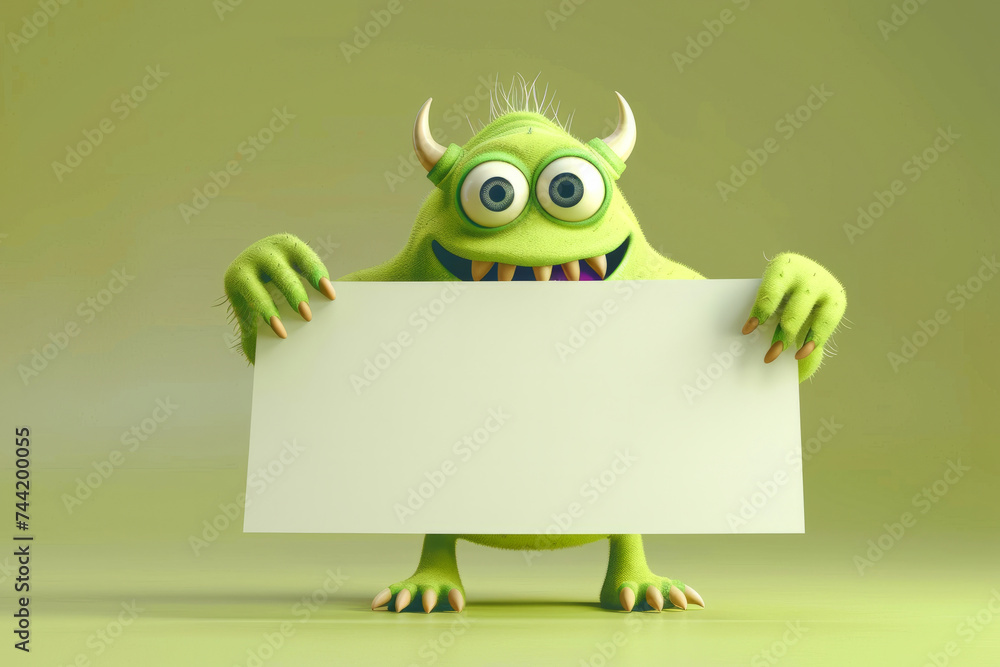 Poster cute 3d monster holding empty space for text! the blank sign offers the option to add your own text 
