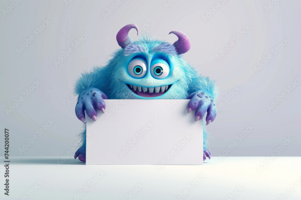 Poster cute 3d monster holding empty space for text! the blank sign offers the option to add your own text 