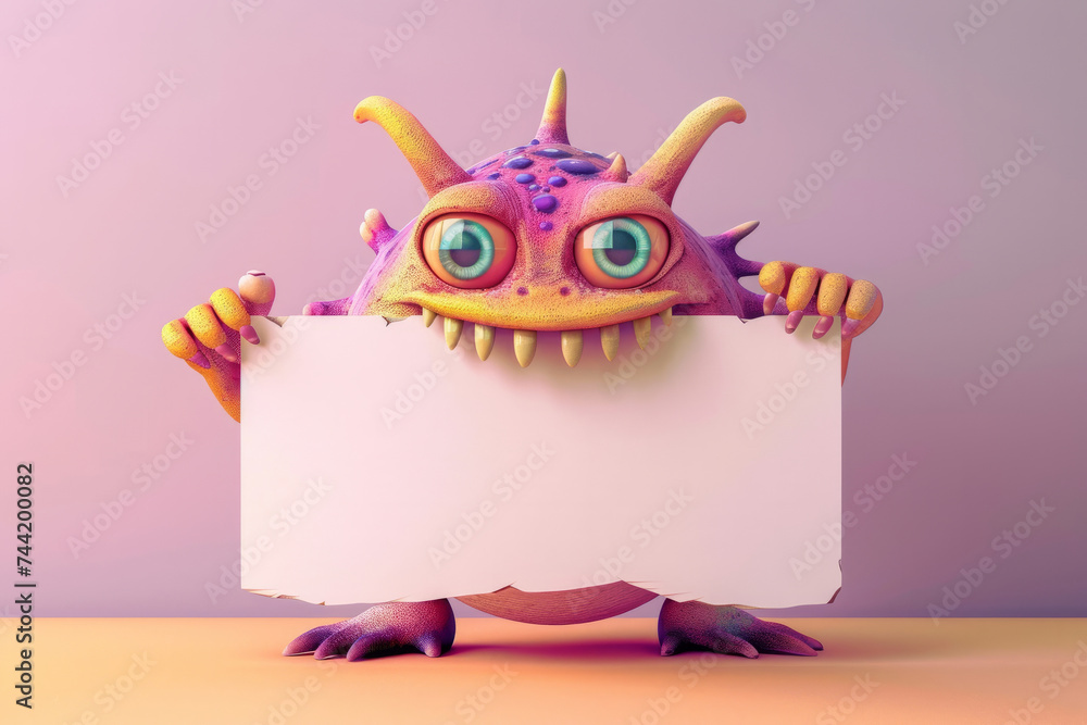 Poster cute 3d monster holding empty space for text! the blank sign offers the option to add your own text 
